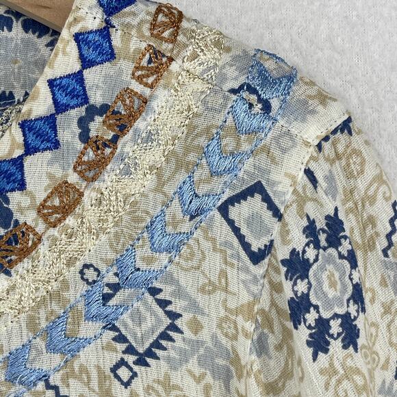 J.JILL Blouse M Boho Tasseled Tunic Embroidered Keyhole Neck 3/4 Sleeve Beige - Picture 6 of 12